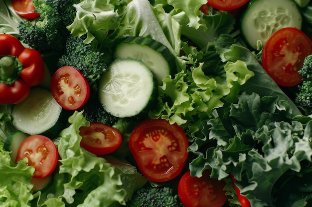 Photo an assortment of fresh vegetables including tomatoes cucumbers lettuce and broccoli fills the frame showcasing a vibrant array of colors and textures