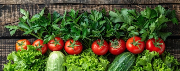 An assortment of fresh vegetables like tomatoes cucumbers and leafy greens arranged on distressed