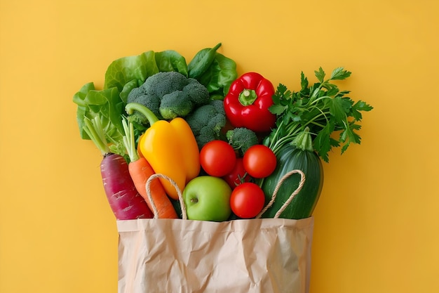 Assortment of Fresh Vegetables in Paper Bag on Yellow Background