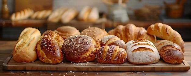 Assortment of Freshly Baked Breads on Wooden Board Bakery Still Life Photo