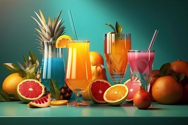 Assortment of fruit and vegetable cocktails in a glass glass on a bright background Generative AI illustration Fresh organic ingredients for smoothies