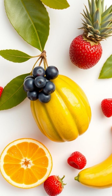 Photo assortment of fruits red yellow green orange white background