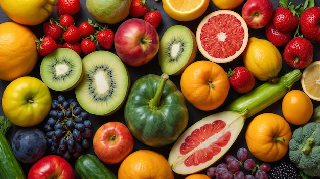 Photo assortment of fruits and vegetables on a black background