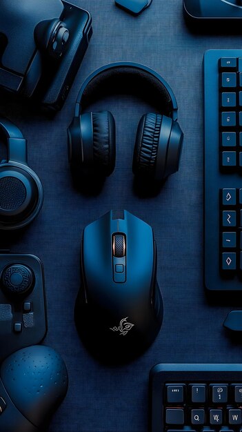 Photo an assortment of gaming peripherals including a mouse keyboard and headset arranged aesthetically on a smooth surface with a subtle light casting shadows