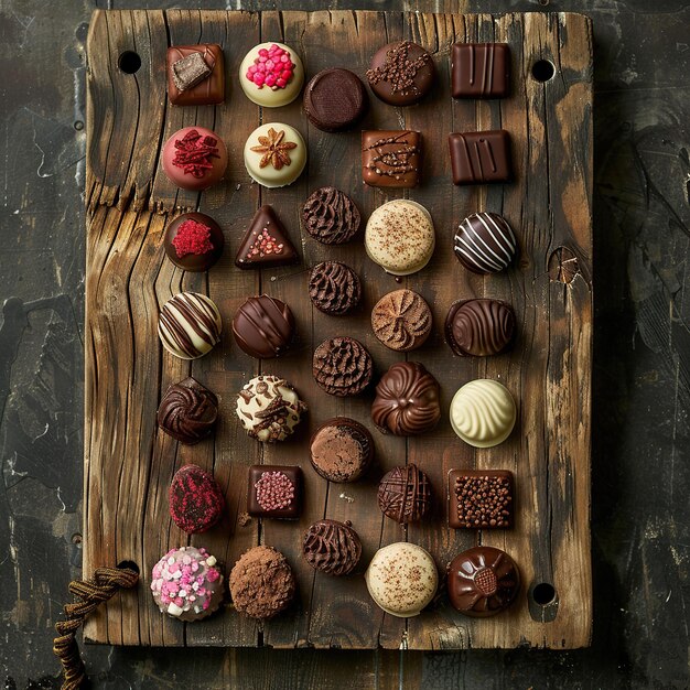 Photo assortment of gourmet chocolates artfully arranged on a rustic wooden board for world chocolate day