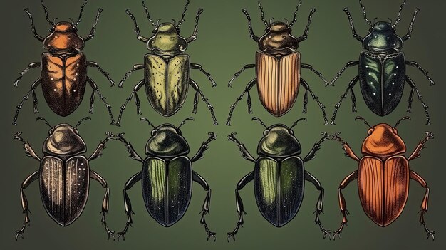 Assortment of hand drawn insects including beetles Unique and artistic collection Generative AI