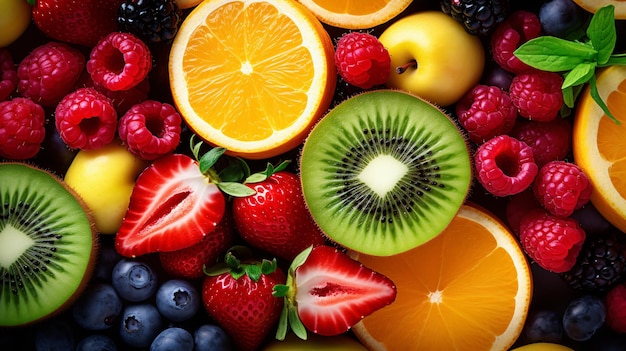 Assortment of healthy raw fruits and berries platter