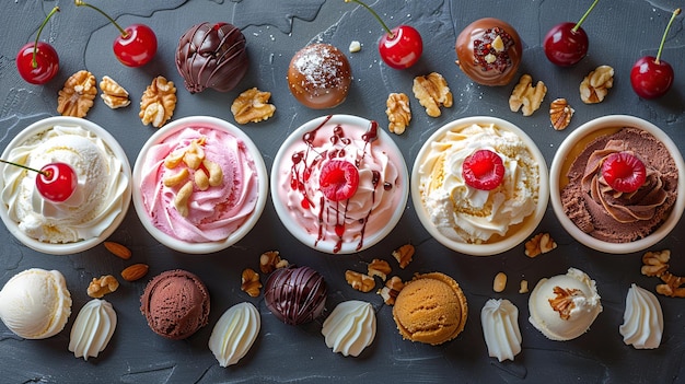 Photo assortment of ice cream flavors with toppings