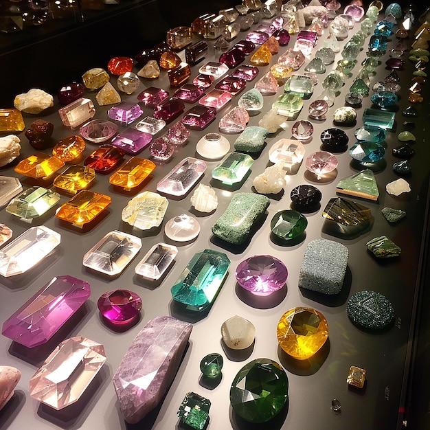 Photo an assortment of intriguing gemstones showed under delicate gallery lighting