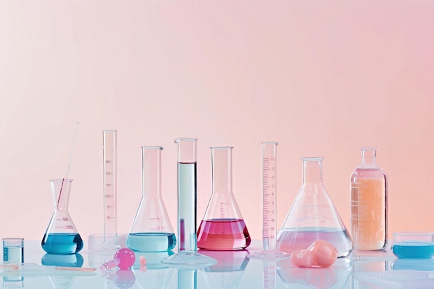 Assortment of laboratory glassware with colorful liquids on a reflective surface