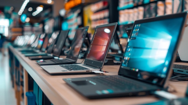 Photo assortment of laptops on display in a technology retail store