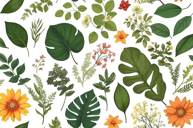 Assortment of leaves and flowers on white background