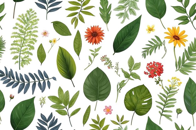 Assortment of leaves and flowers on white background