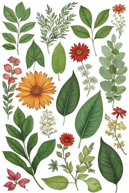 Assortment of leaves and flowers on white background