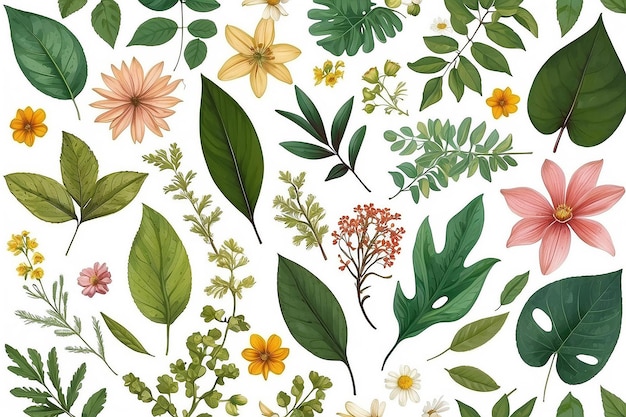 Assortment of leaves and flowers on white background