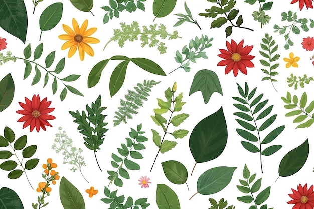 Assortment of leaves and flowers on white background