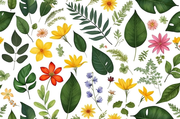 Assortment of leaves and flowers on white background