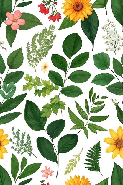 Assortment of leaves and flowers on white background