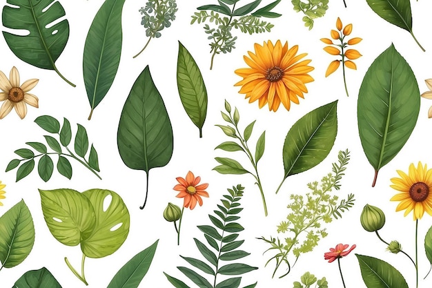 Assortment of leaves and flowers on white background