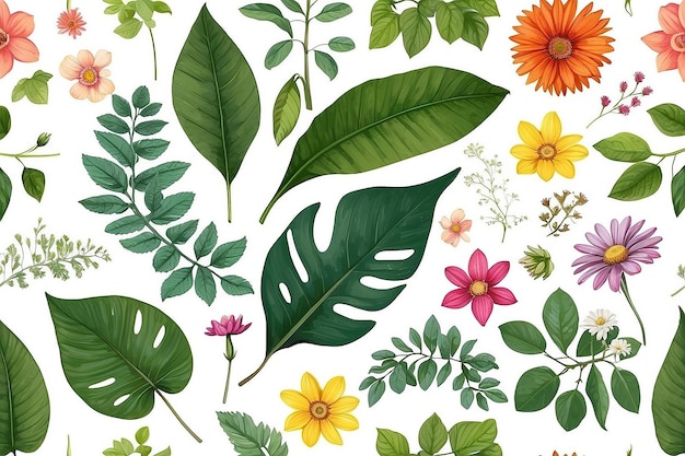 Assortment of leaves and flowers on white background