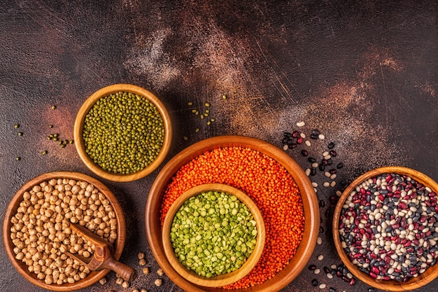 Assortment  of Legumes lentils, peas, mung, chickpeas and different beans. Top view.