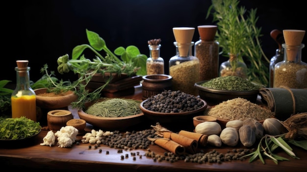 An assortment of medical herbs natural healthcare remedies Generative AI