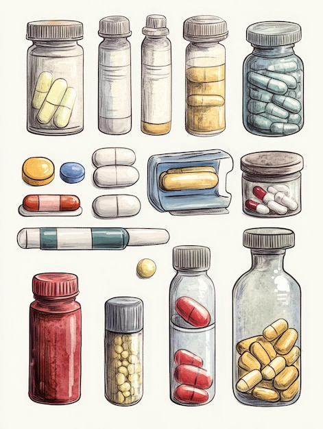 Photo assortment of medicine bottles and pills in watercolor illustration