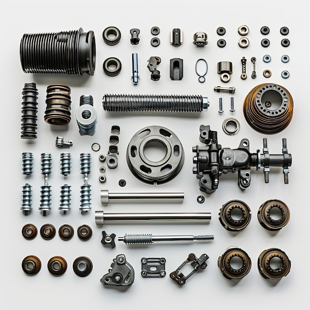 Photo an assortment of metal car parts laid out on a white background