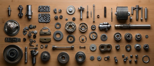 An Assortment of Metal Machine Parts on a Wooden Surface