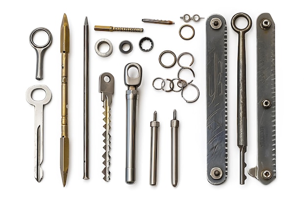 Photo assortment of metal tools on a white background