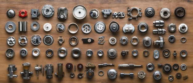 Photo assortment of metallic machine parts on wood surface