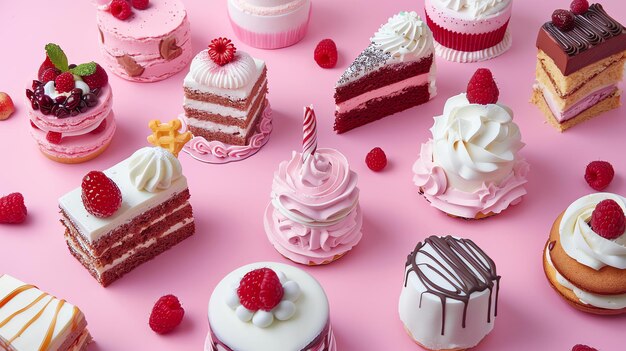 An assortment of mini cakes and pastries on a pink background