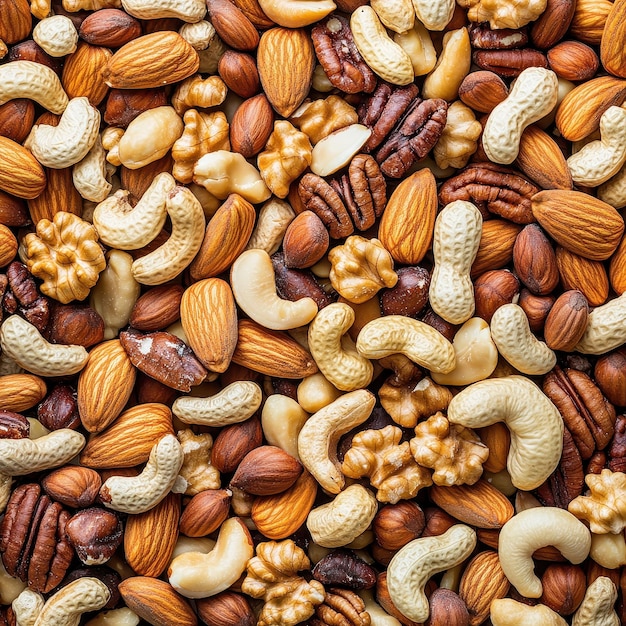 Assortment of mixed nuts background top view filling the entire image