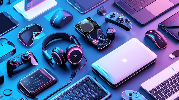 Photo an assortment of modern tech devices laid out on a blue background