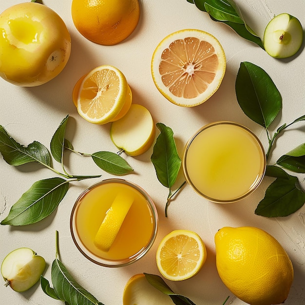 Assortment of Natural Lemon and Apple Juice with Leaves