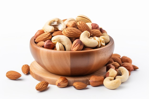 Assortment of nuts in wooden bowl from above on white background with copy space