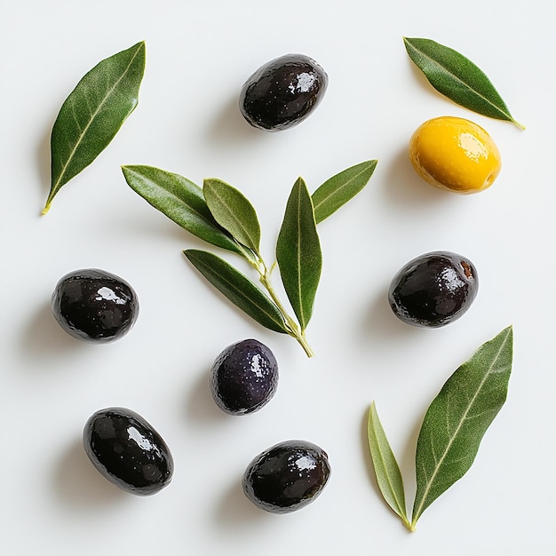 Photo an assortment of olives and an orange on a table