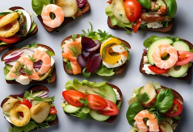 An assortment of open sandwiches on a light stone background