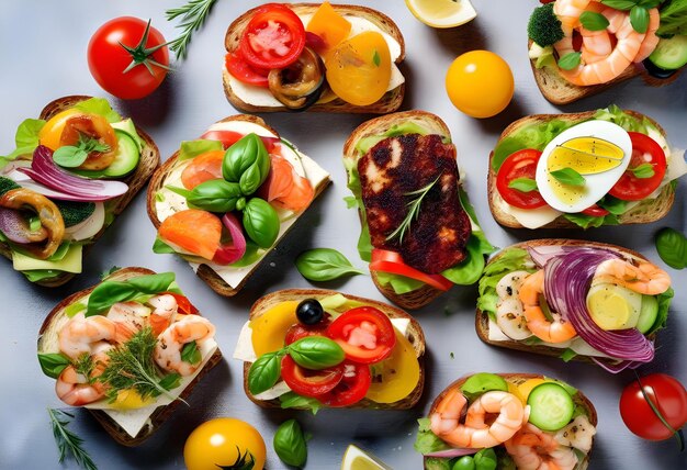 An assortment of open sandwiches on a light stone background