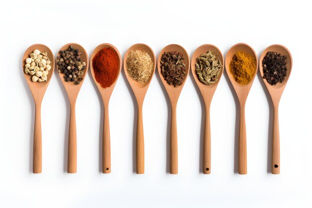 Assortment Of Oriental Spices In Wooden Utensils Isolated On A White Background