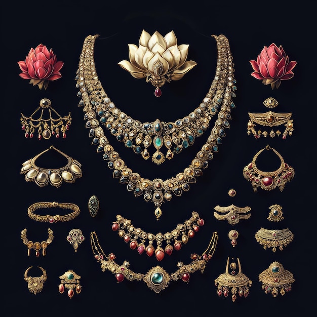 An assortment of ornate gold jewelry with gemstones and floral motifs