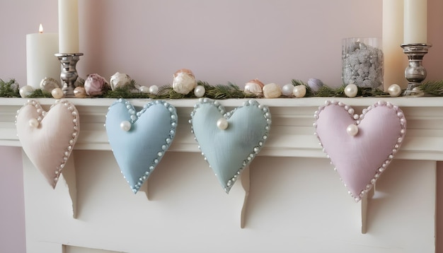 Assortment of pastel fabric hearts with pearl embellishments on a festive mantle