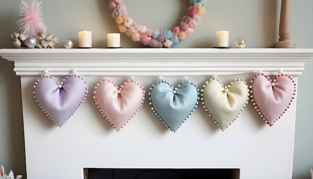 Assortment of pastel fabric hearts with pearl embellishments on a festive mantle