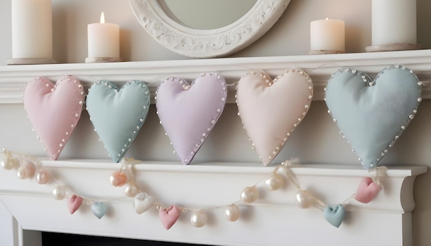 Assortment of pastel fabric hearts with pearl embellishments on a festive mantle