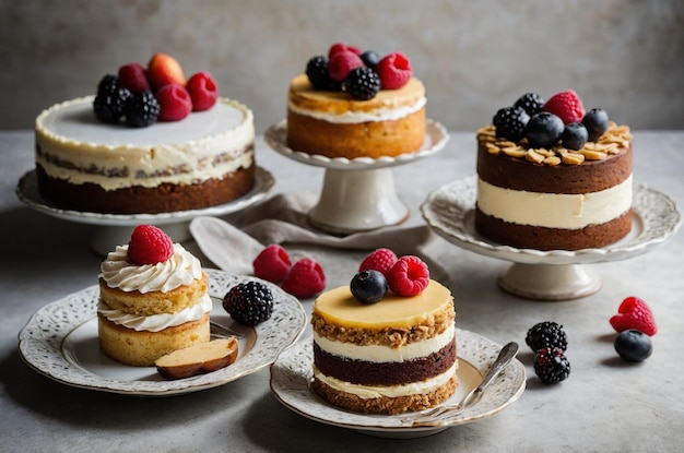 Photo assortment of pieces of cake on a wooden piece