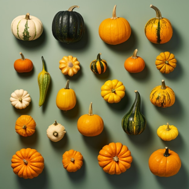 Assortment of pumpkins and squashes on a solid colored background