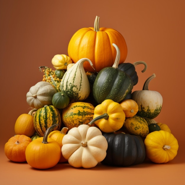 Assortment of pumpkins and squashes on a solid colored background