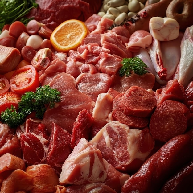 Assortment of raw meats background top view filling the entire image