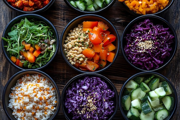 Photo assortment of salad bowls with various ingredients photo