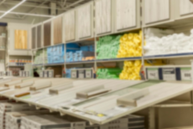 Assortment of samples of repair materials in a hardware store Interior Design Blurred